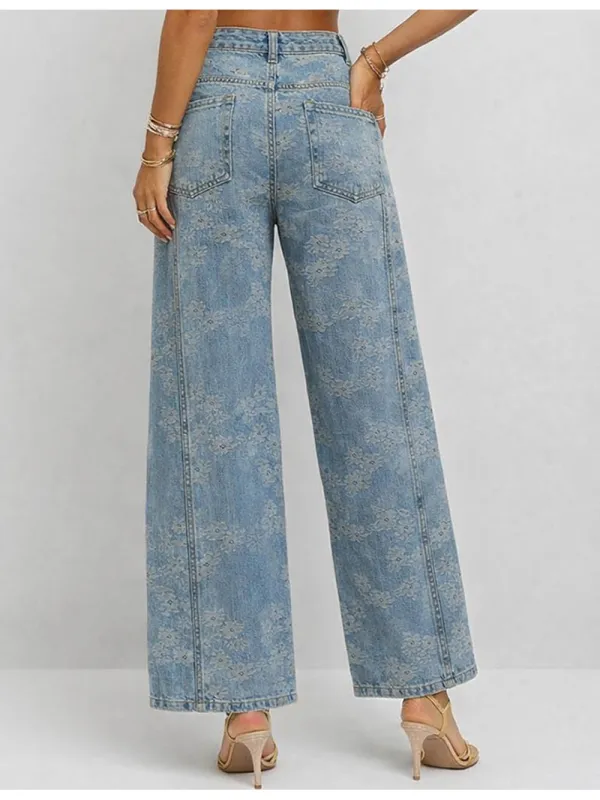 Jacquard Button Pocket Wide Leg Denim Pants