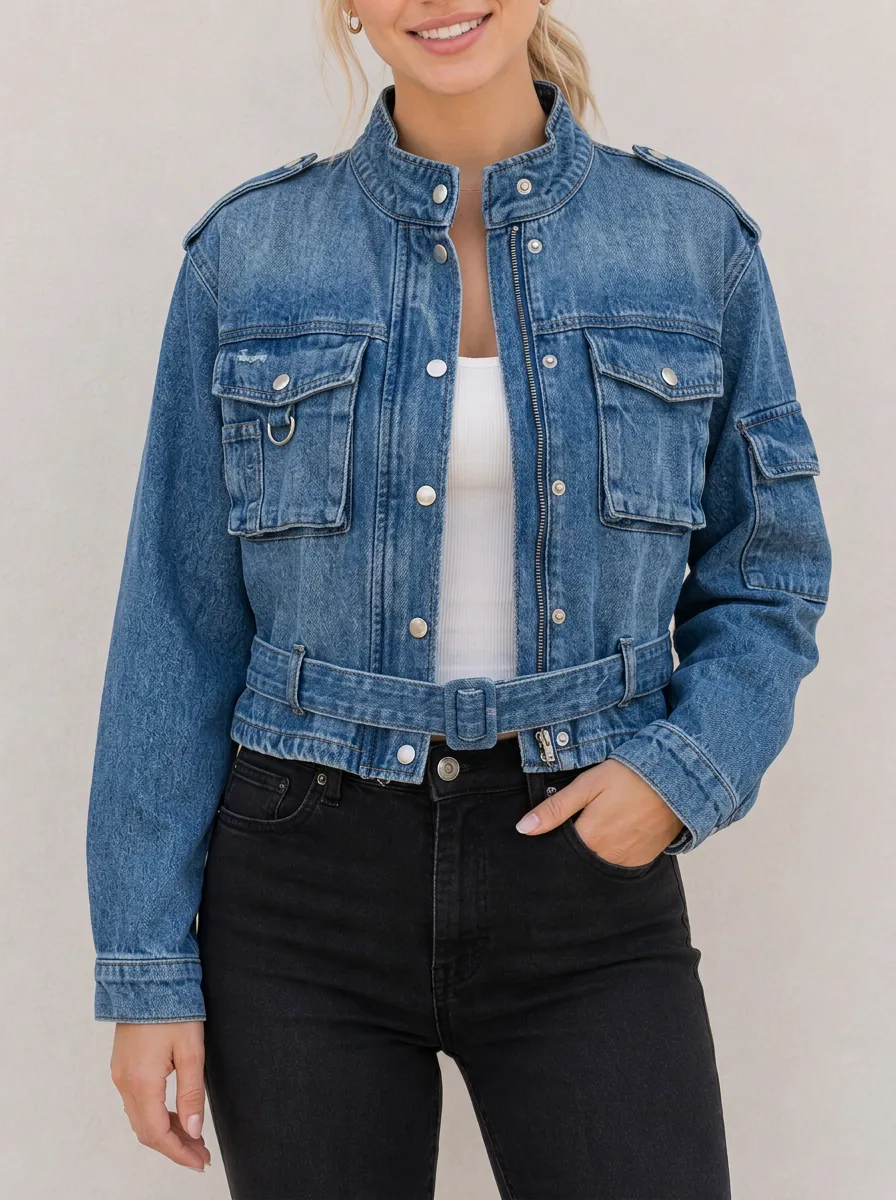 Women's Vintage Style Utility Belted Denim Jacket