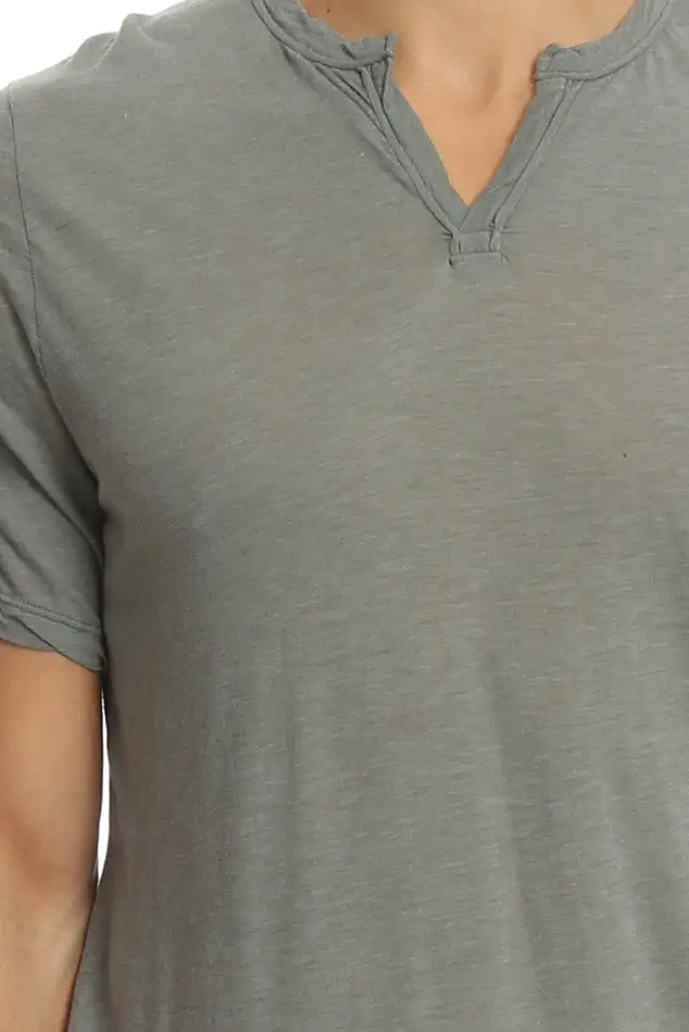 Textured V-Neck Cotton Slit-Neck T-Shirt