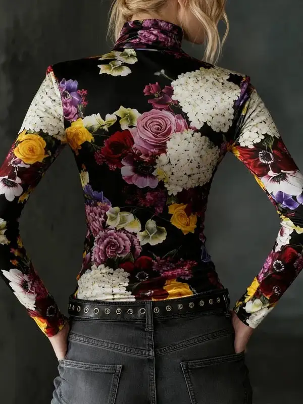 Long Sleeve Slim Fit Contrast Floral Print High Neck T-Shirt