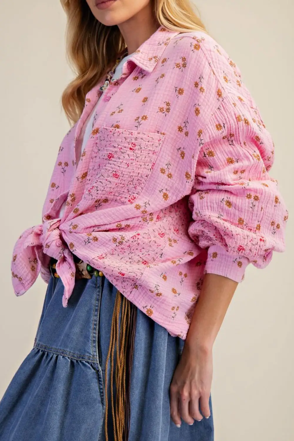 Floral Gauze Button Front Collared Shirt