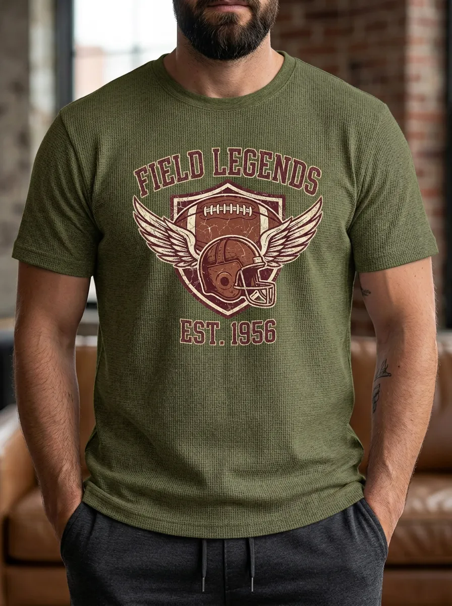 Men's Retro Inspired Helmet Football Ball Crew Neck Graphic T-Shirt