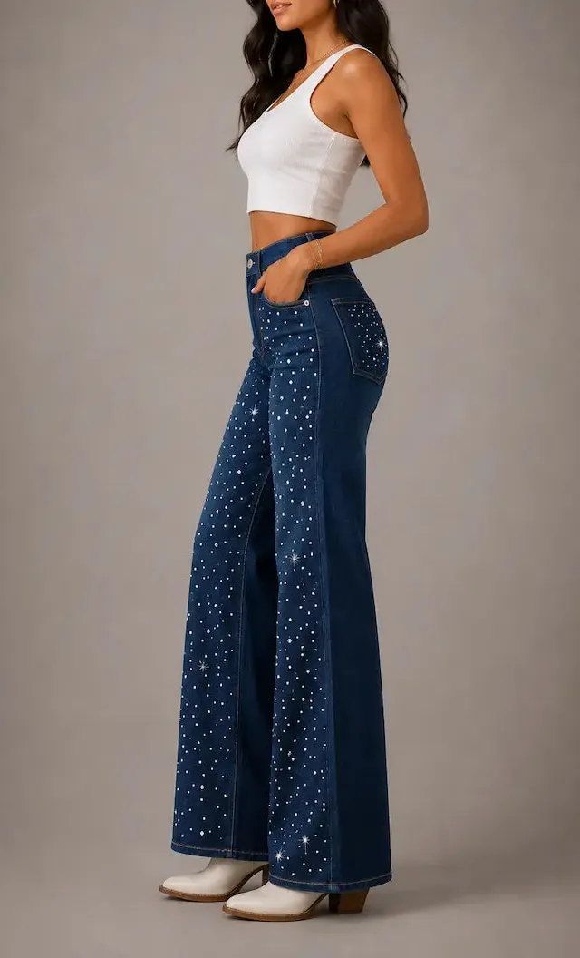 Wide Leg High Waist Rhinestone Detail Retro Style Denim Jeans