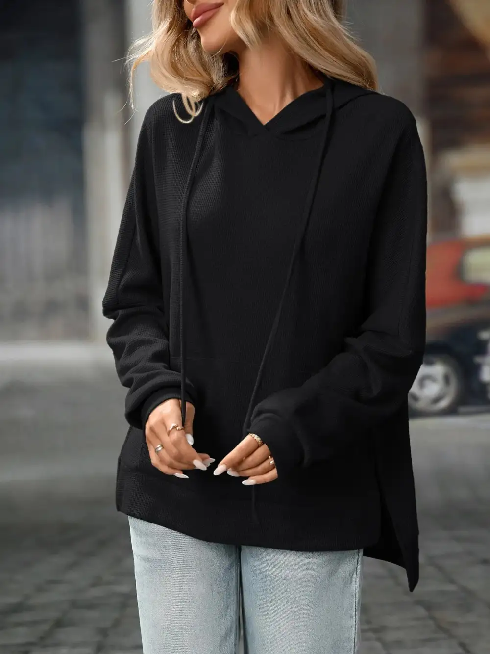 Refined Drawstring Pocketed Long-Sleeve Textured Hoodie
