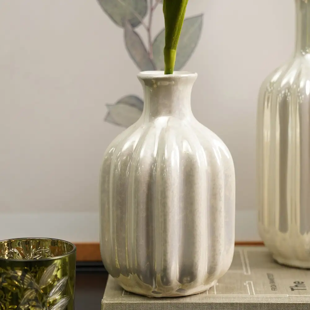 Ivory Ribbed Ceramic Vase