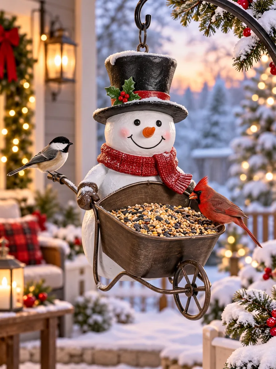 Snowman Wheelbarrow Christmas Bird Feeder