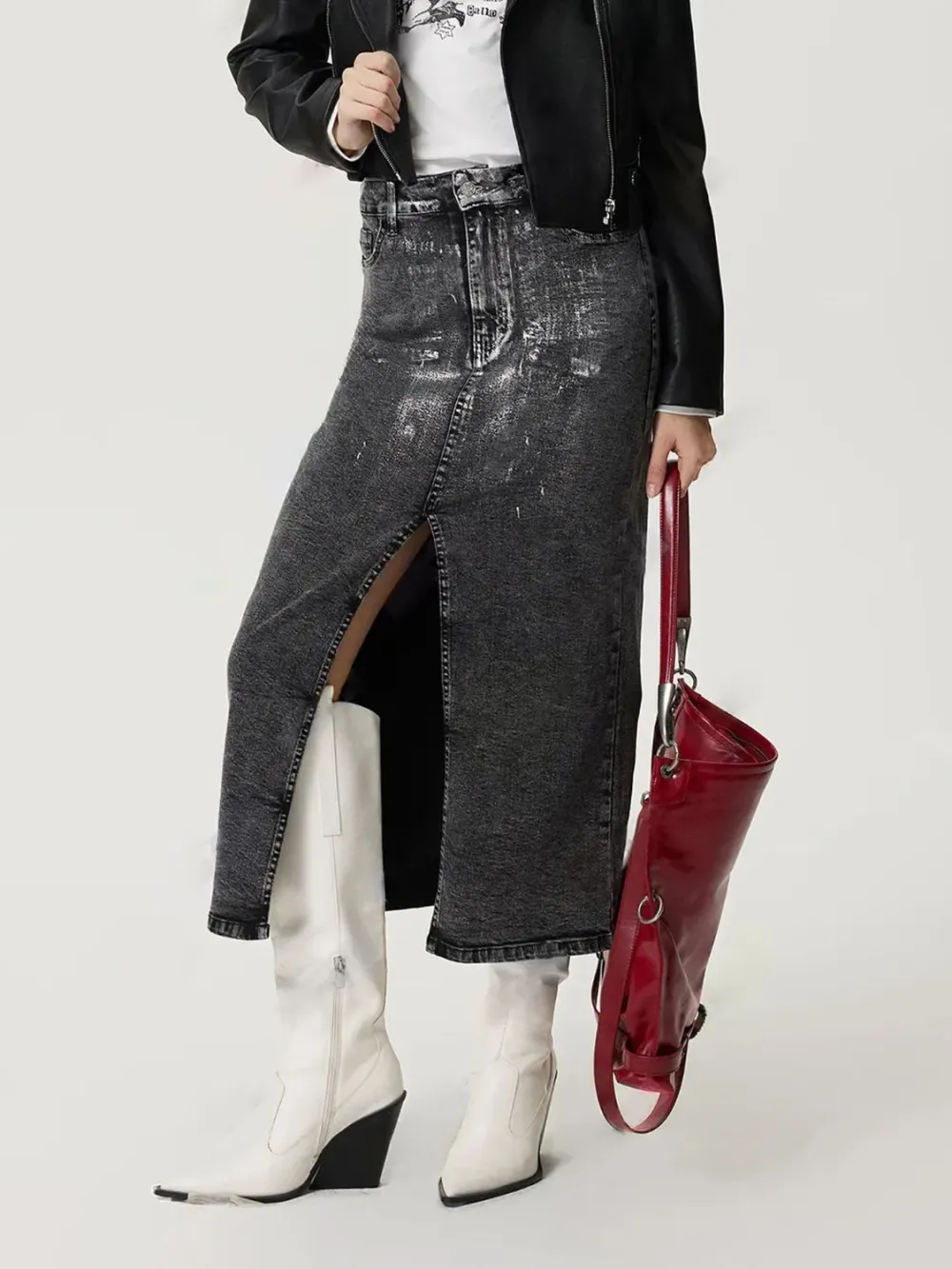 Open Button Front Denim Detail Skirt