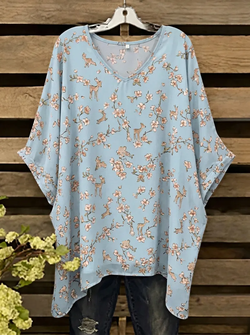 Cherry Blossom Deer Floral Women's Loose Printed Blouse