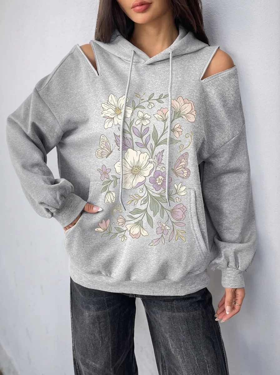 Women's Floral Butterfly Botanical Printed Cold Shoulder Hoodie