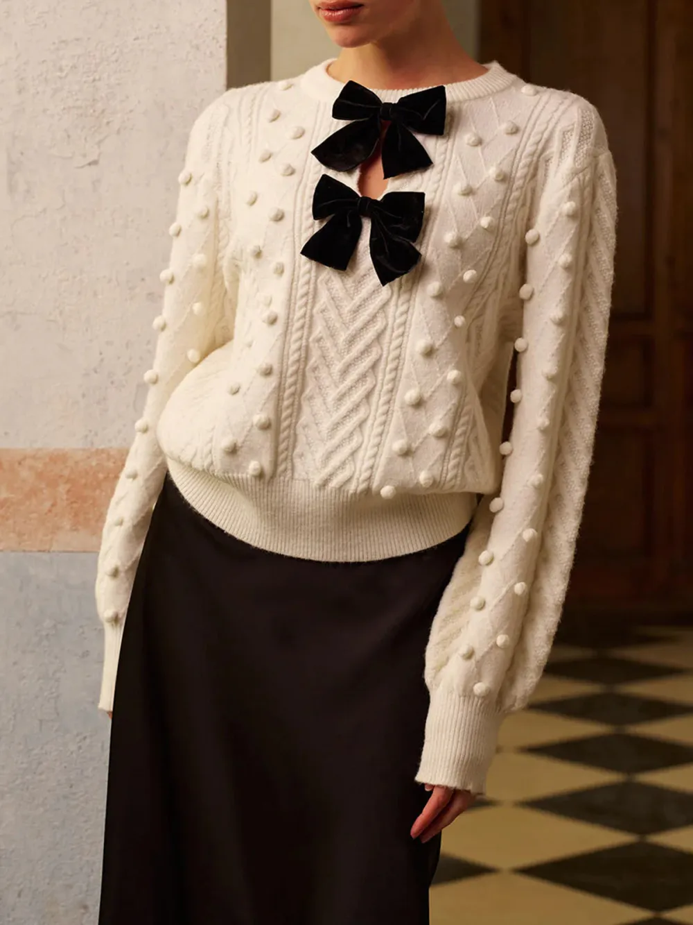 Bow-Decor Round Neck Lantern Sleeve Sweater