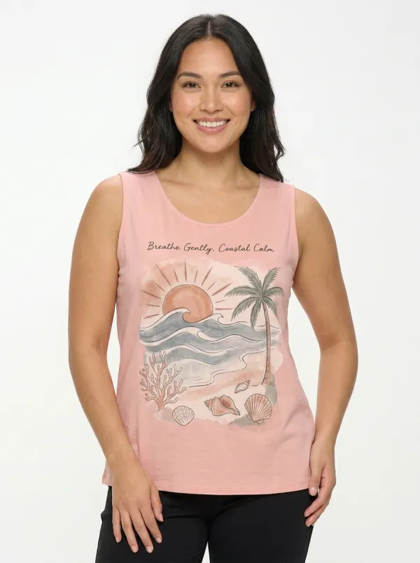 Women's Coastal Beach Sunset Palm Printed Tank Top