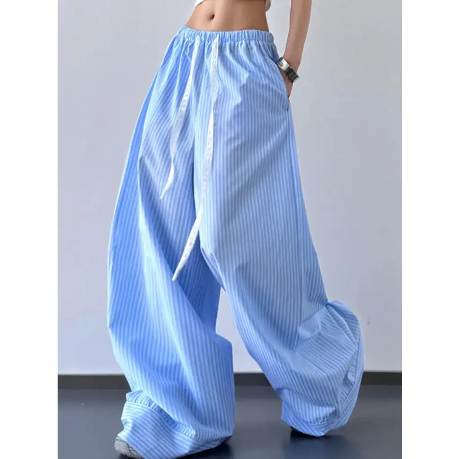 Casual Striped Wide Leg Drawstring Pants