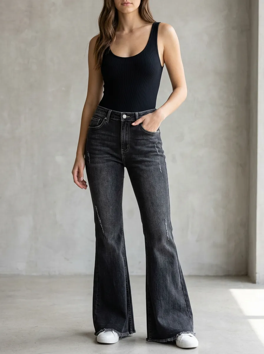 Women's Distressed Black Denim Flared Jeans