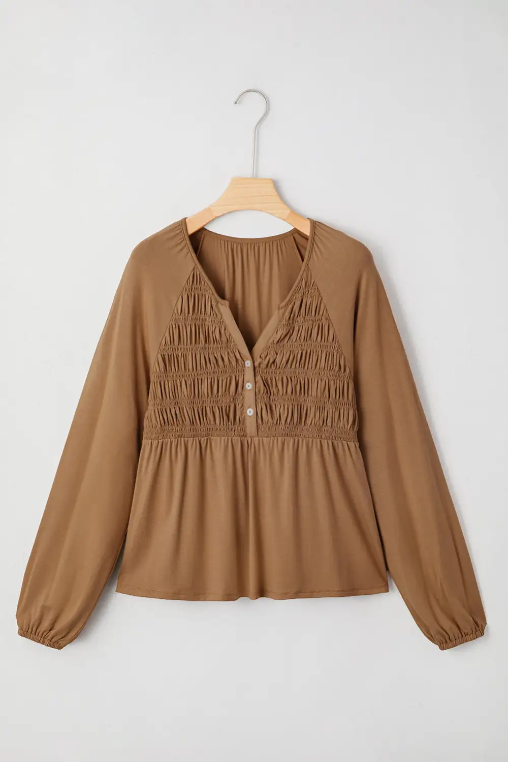Smocked V-Neck Button Front Blouse