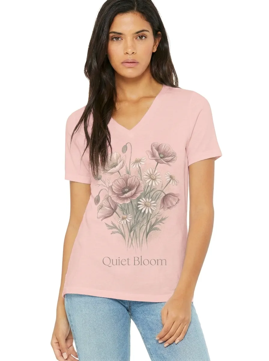 Women's Floral Nature Lover Quiet Bloom Poppy Daisy Printed V-neck T-shirt