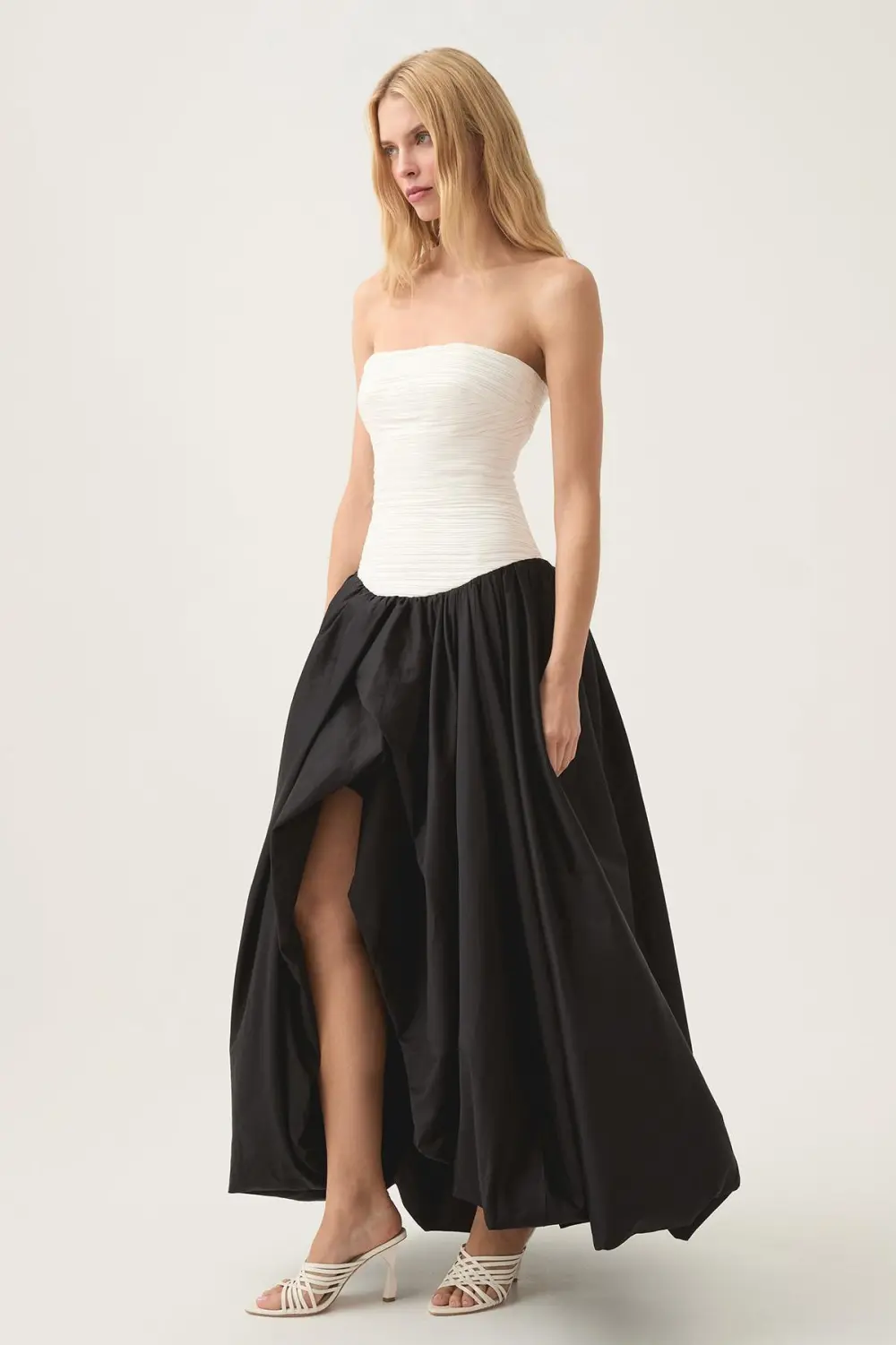 Off-Shoulder Pleat Split Solid Maxi Dress