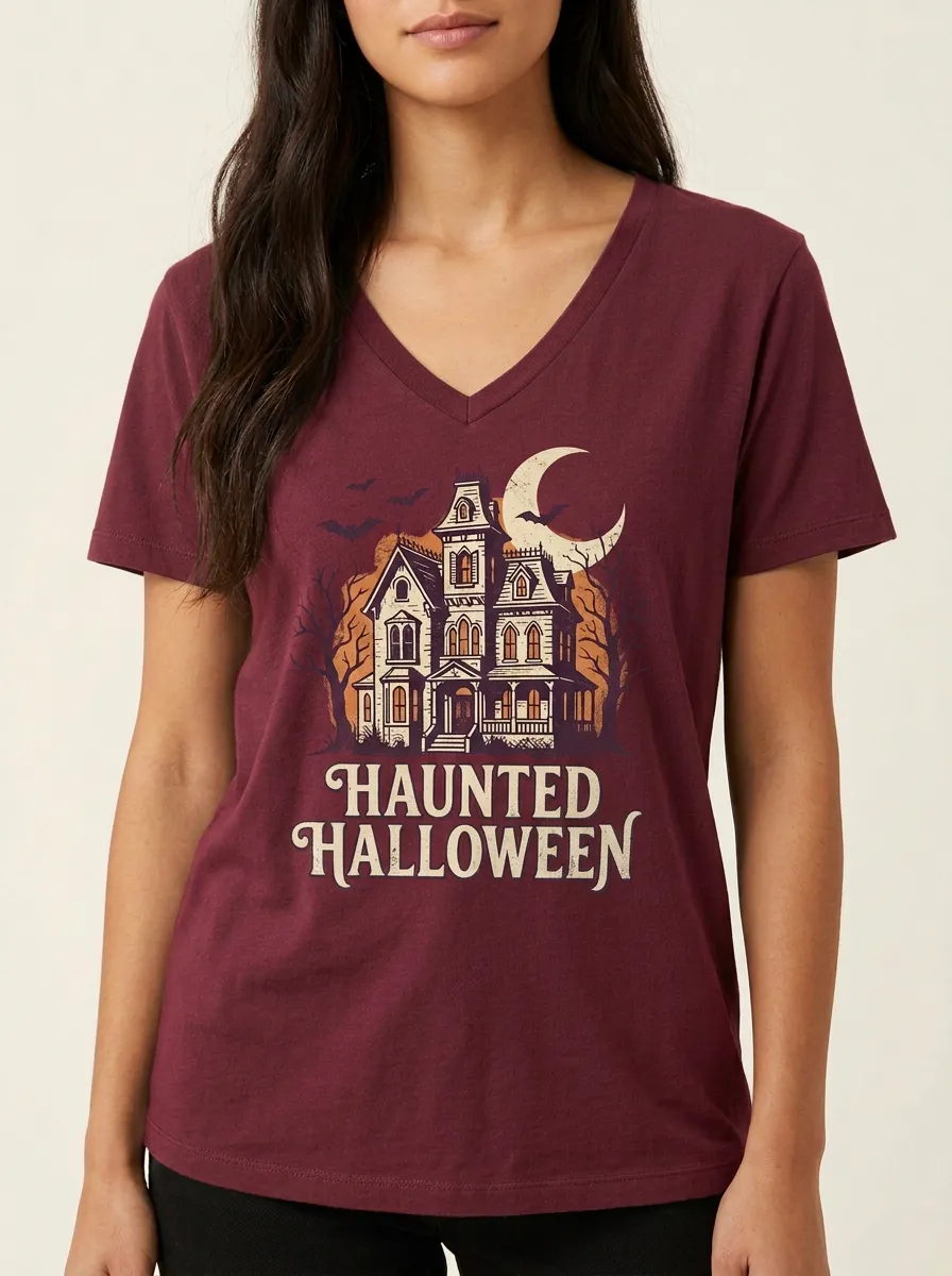 Women's Halloween Haunted House Moon Bats Printed V-neck T-shirt