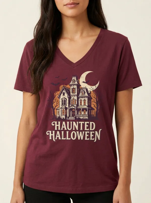 Women's Halloween Haunted House Moon Bats Printed V-neck T-shirt