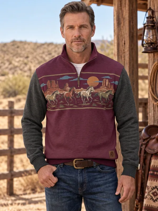 Men's Classic Western Cowboy Horse Desert Quarter-Zip Sweatshirt