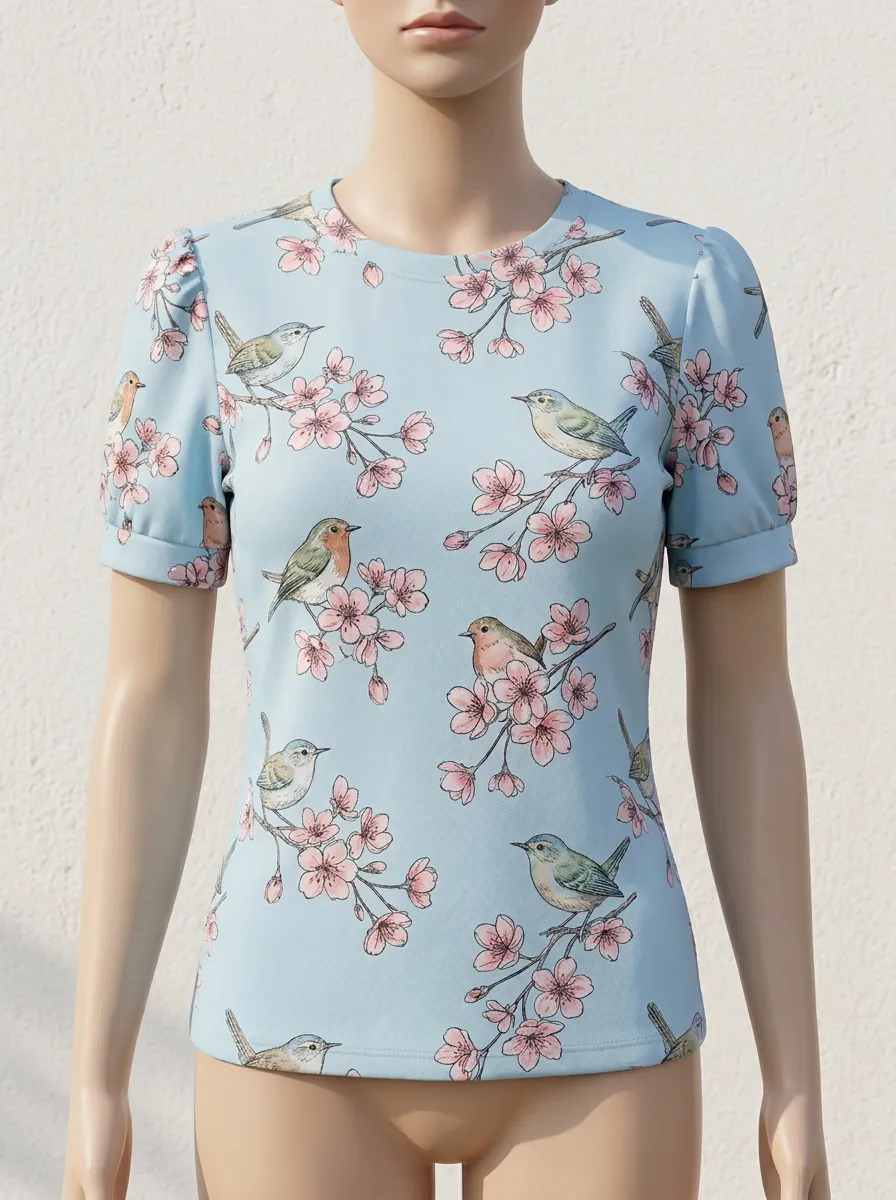 Cherry Blossom Bird Floral Women's Loose Printed T-Shirt