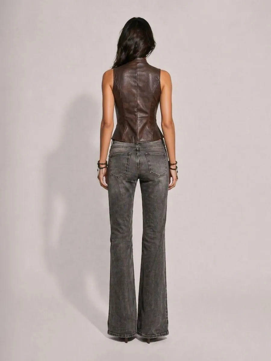 Dahlia Biker-Style Lapel Leather Sleeveless Vest
