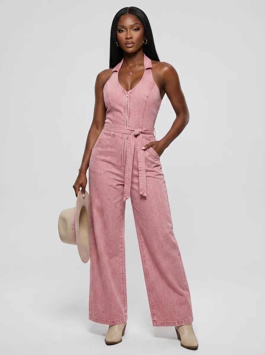 Pink Halter-Neck Zip-Front Denim Jumpsuit