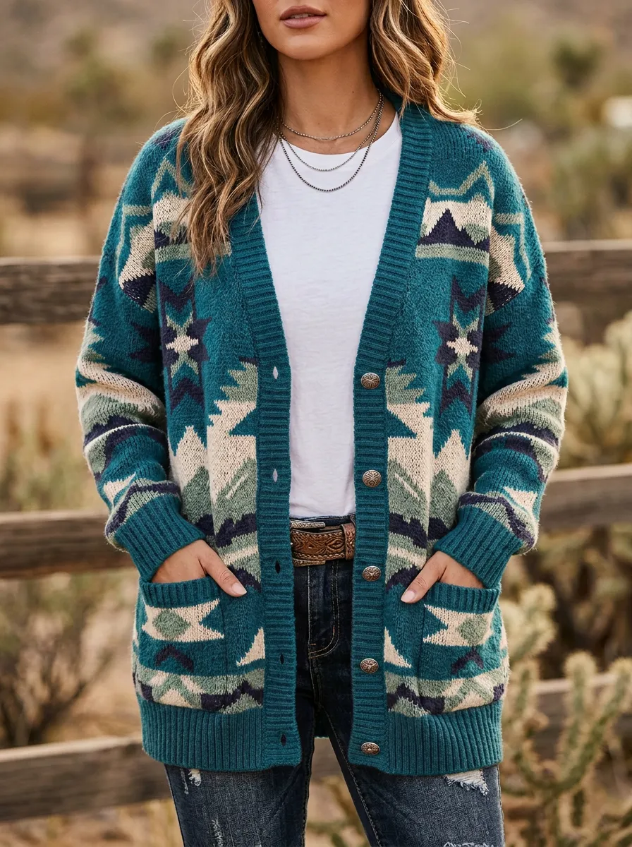 Women's Western B3 Aztec Geometric Pattern Printed Cardigan
