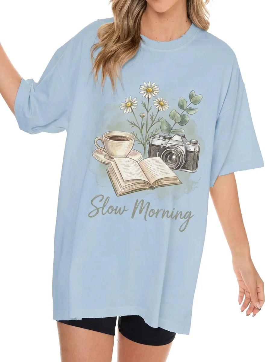 Women's Slow Morning Coffee Book Camera Printed T-shirt