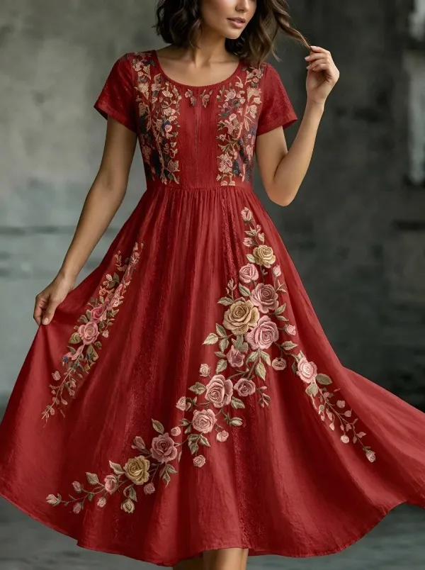 Women's Breast Cancer Awareness Rose Floral Embroidered Printed Dress