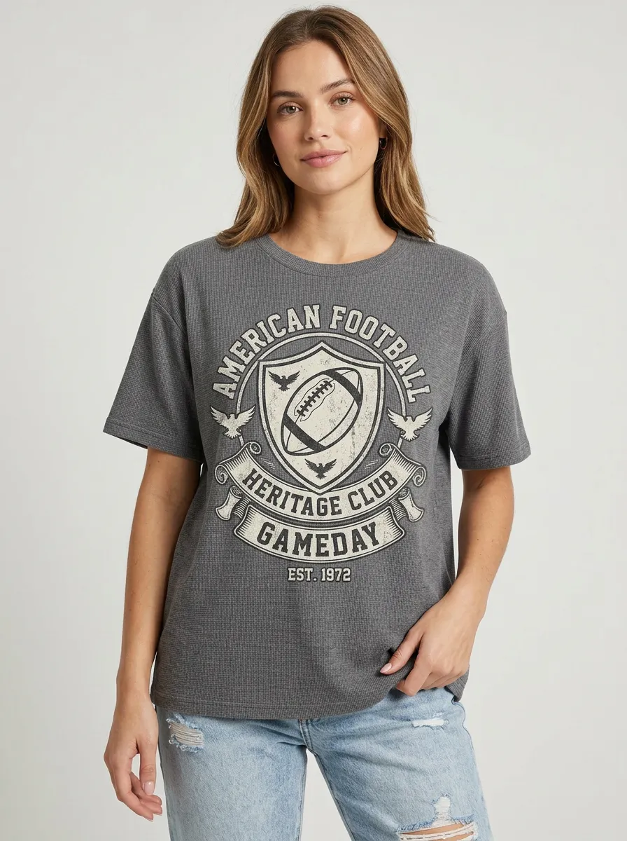 Women's Sport Inspired Football Ball Game Day Crew Neck Graphic T-Shirt