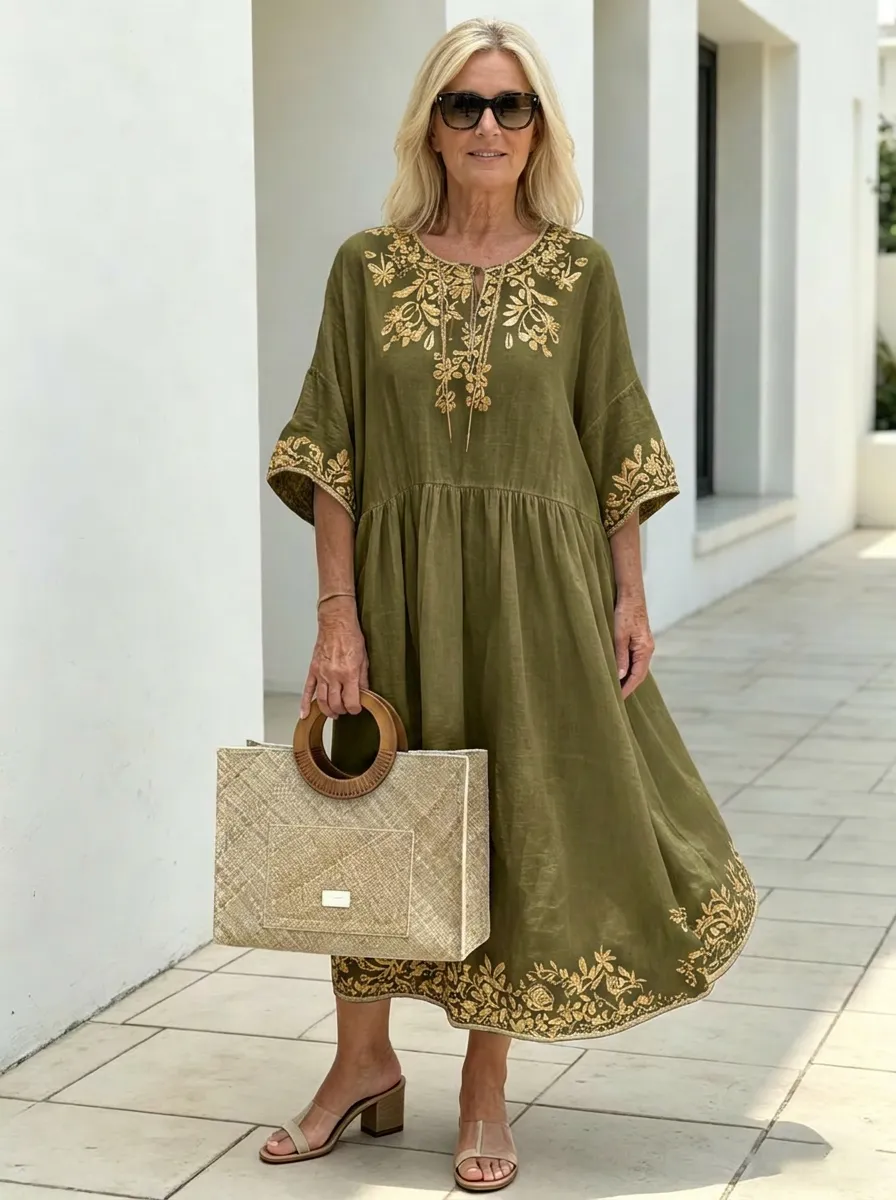Women's Summer Vacation Olive Floral Embroidered Printed Dress