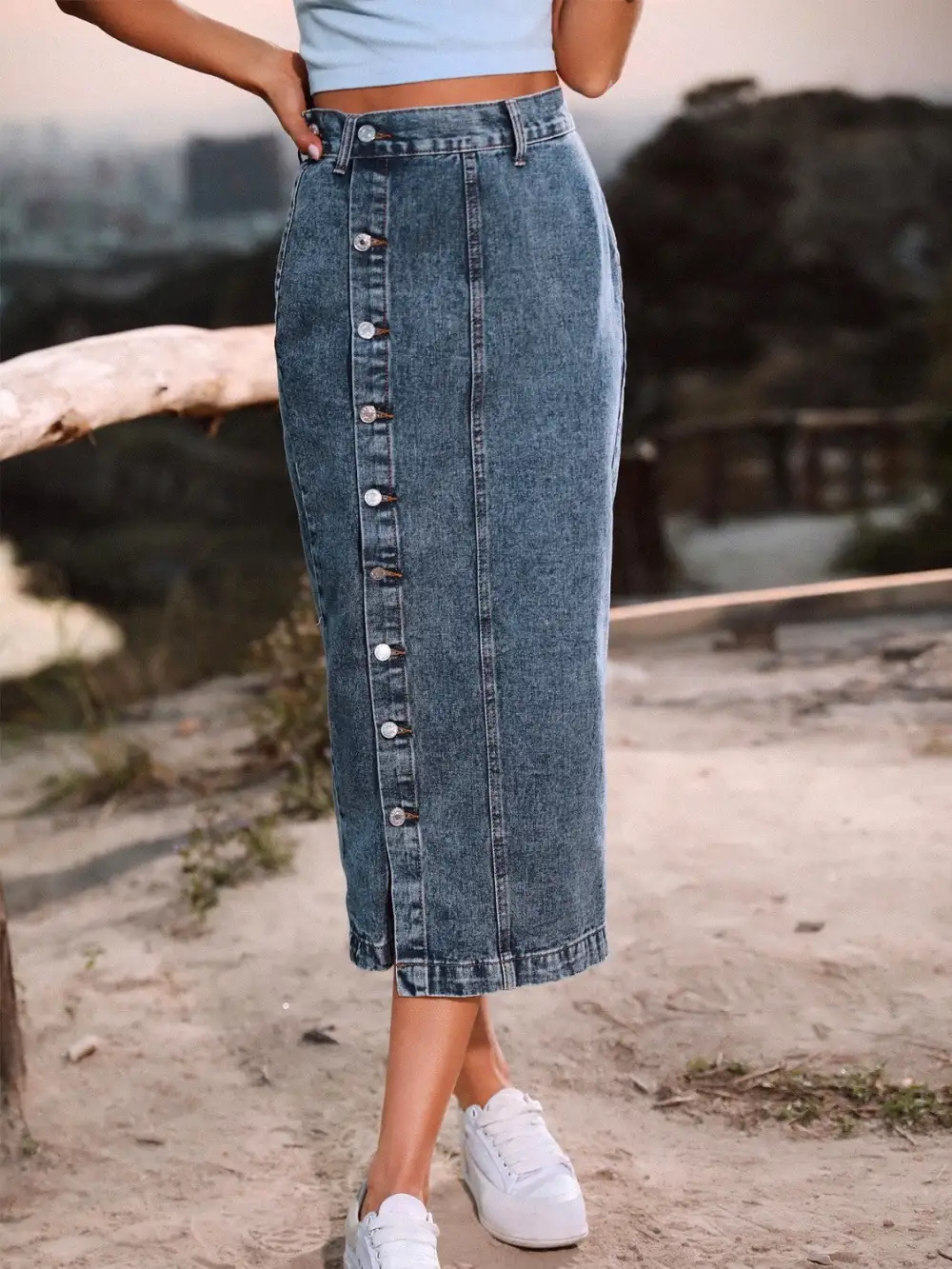 Button Down Denim Slide Skirt
