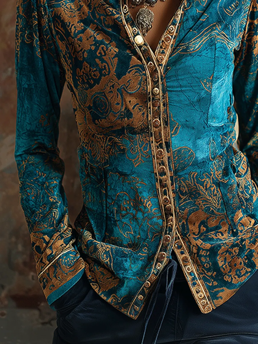 Boho Chic Vintage Peacock Blue Velvet Golden Print Fit Blouse