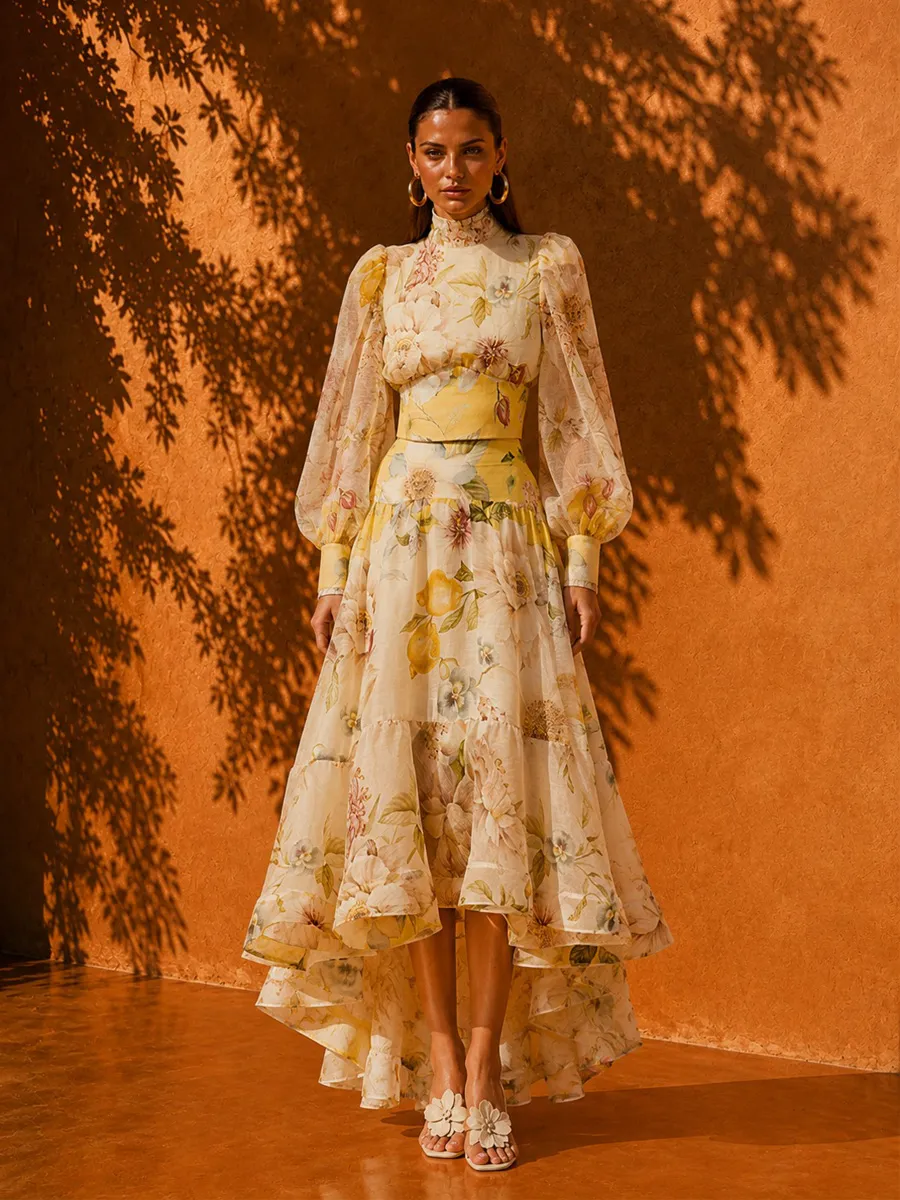 Gabriella Printed High-Neck Top with Puff Sleeves & Full-Flare Skirt