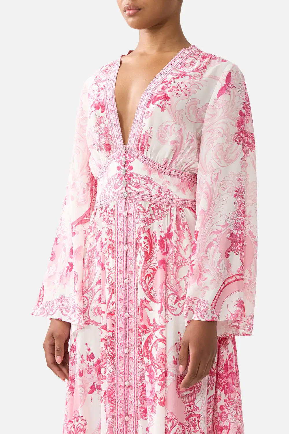 Printed Wide Sleeve Dress with Shirring Detail