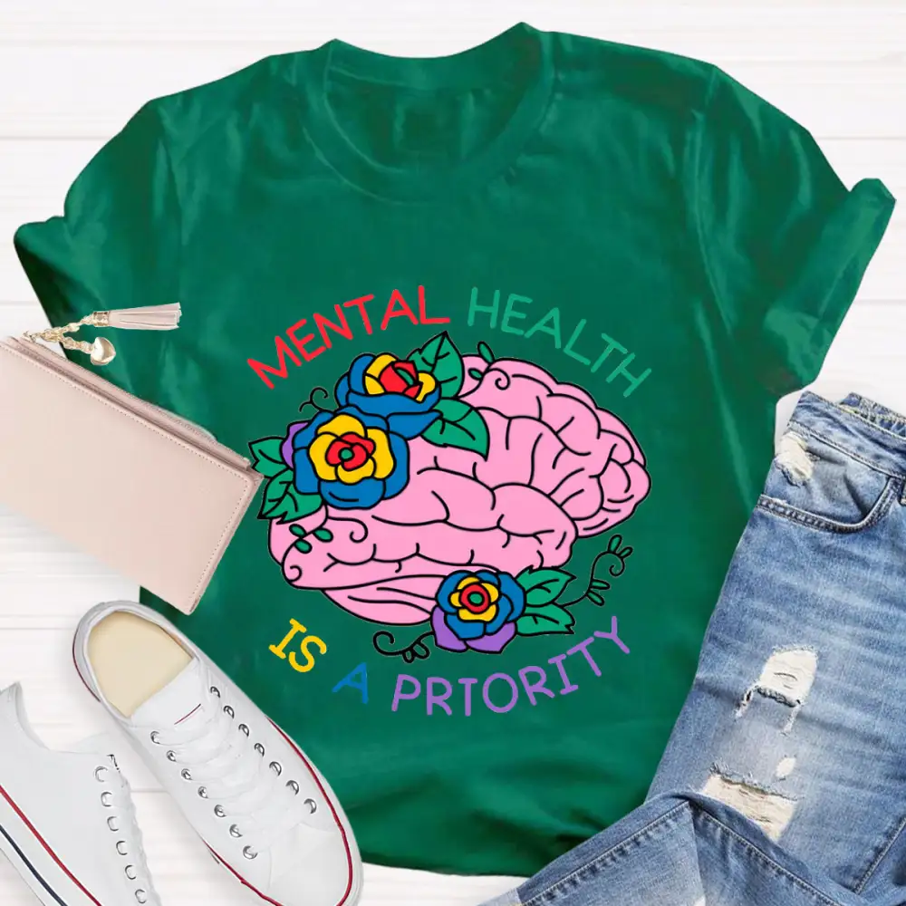 Mental Health Is A Priority Floral Brain T-Shirt