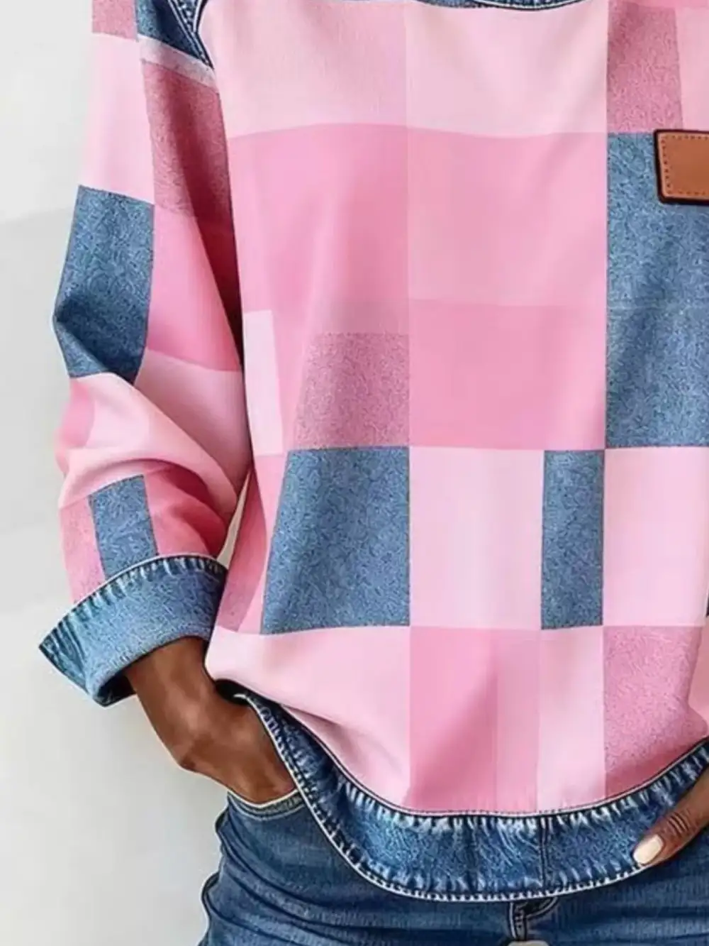 Plaid Denim Trim Long Sleeve Sweatshirt