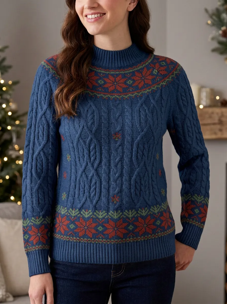 Festive Christmas Holiday Snowflake Fair Isle Cable Knit Sweater