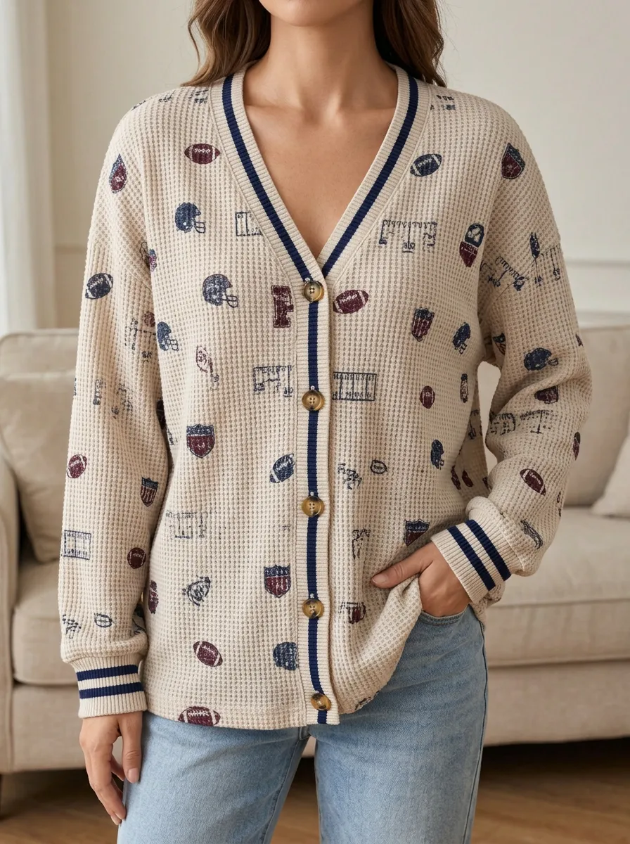 Women's Stadium Football Fan Helmet Pattern Printed Waffle Knit Cardigan