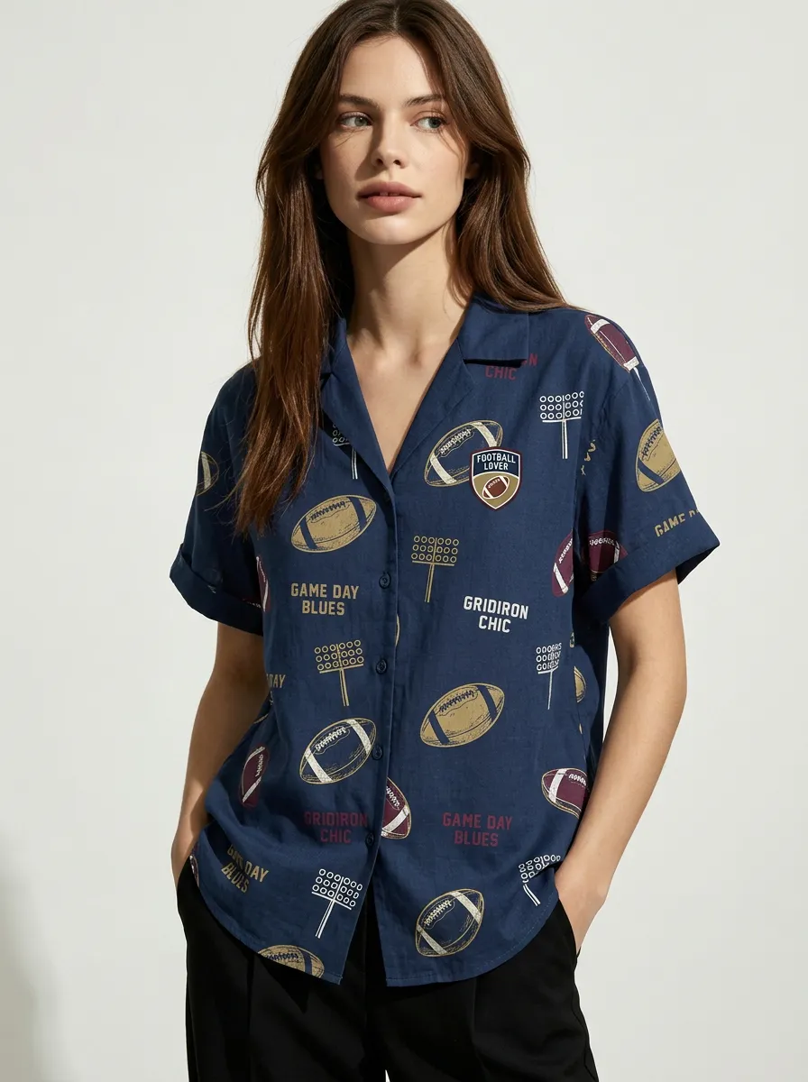 Women's Football Lover Gridiron Printed Button-down Shirt