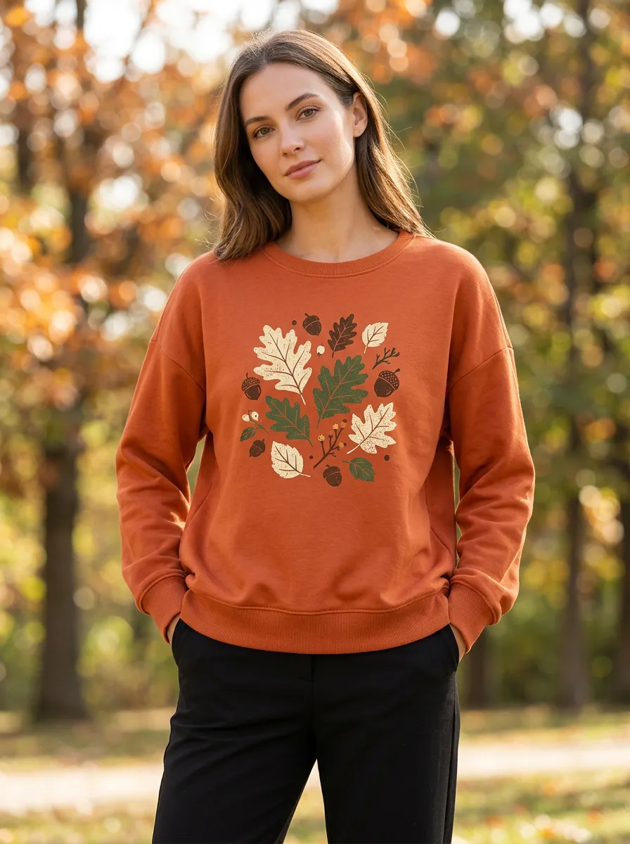 Classic Printed Acorn Leaf-Motif Graphic Sweatshirt
