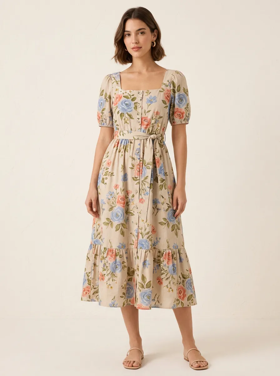 Women's Vintage Floral Botanical Printed Square Neck Dress