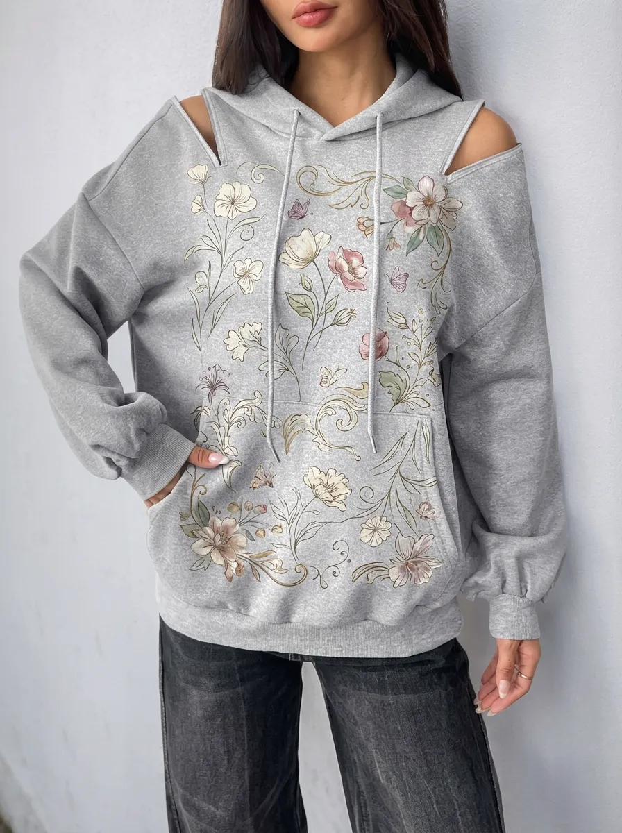 Women's Floral Botanical Art Cold Shoulder Printed Hoodie