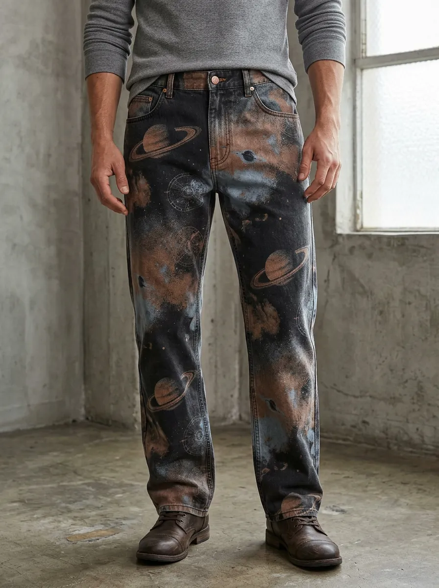 Men's Space Astronomy Planet Galaxy Printed Jeans