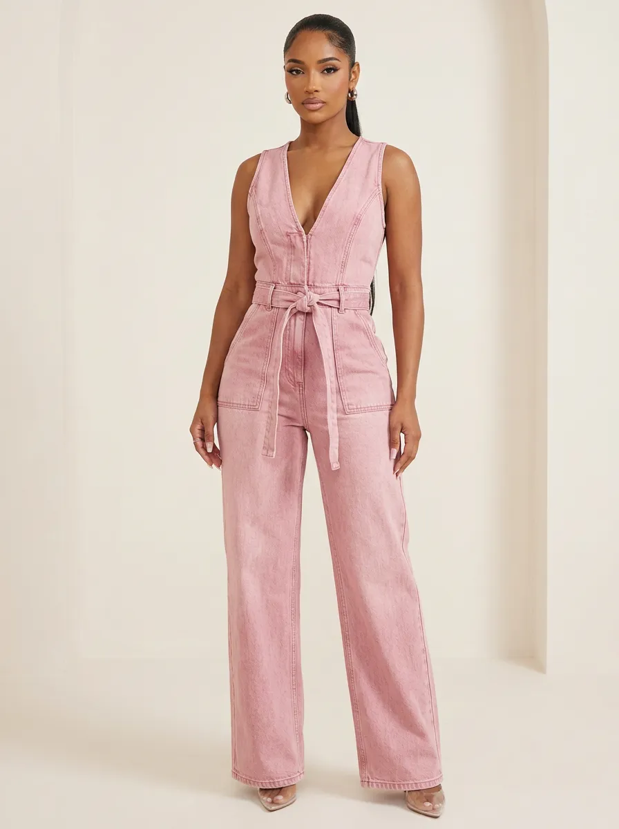 Pink V-Neck Sleeveless Belted Denim Jumpsuit