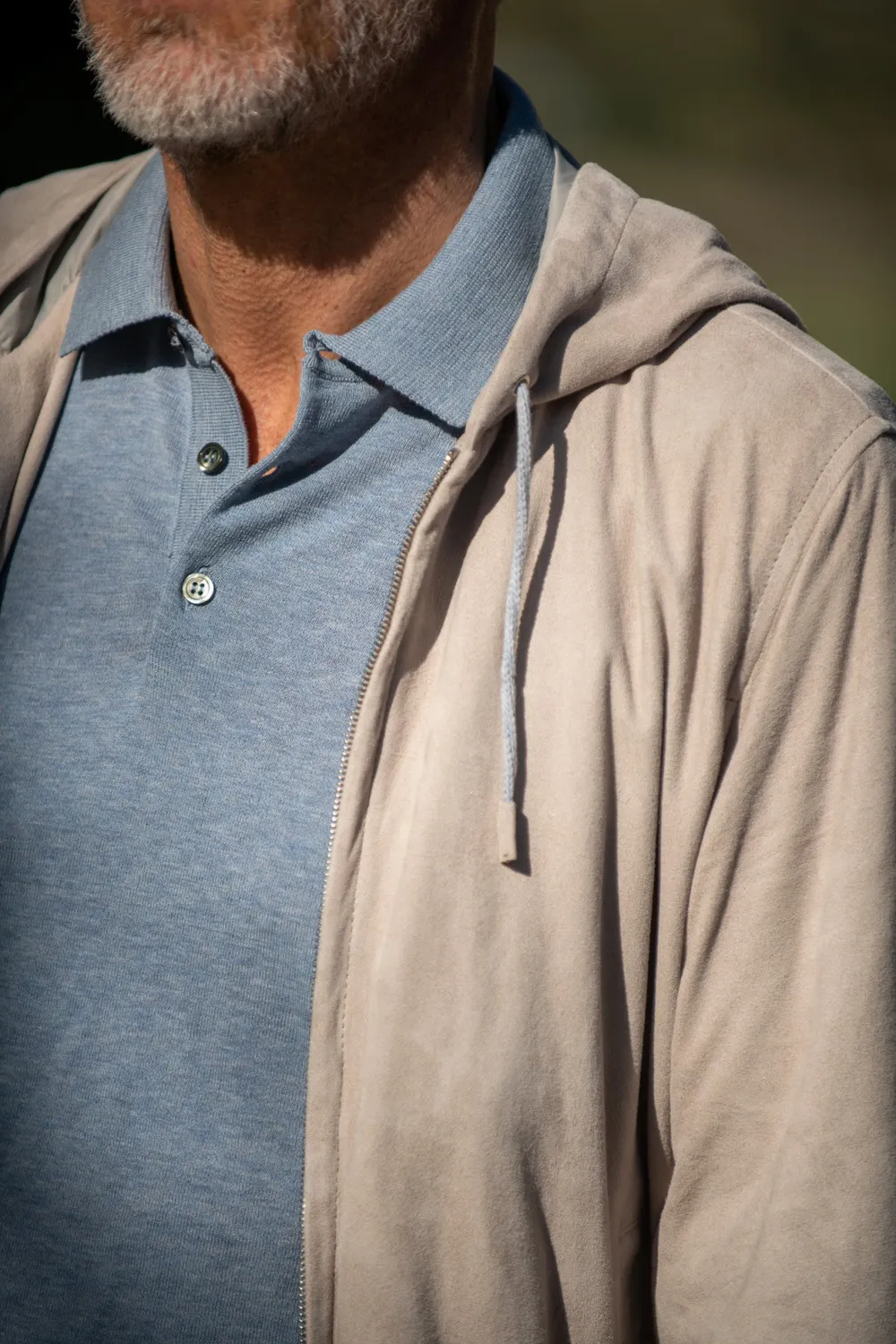 Stone Suede Hooded Bomber Jacket