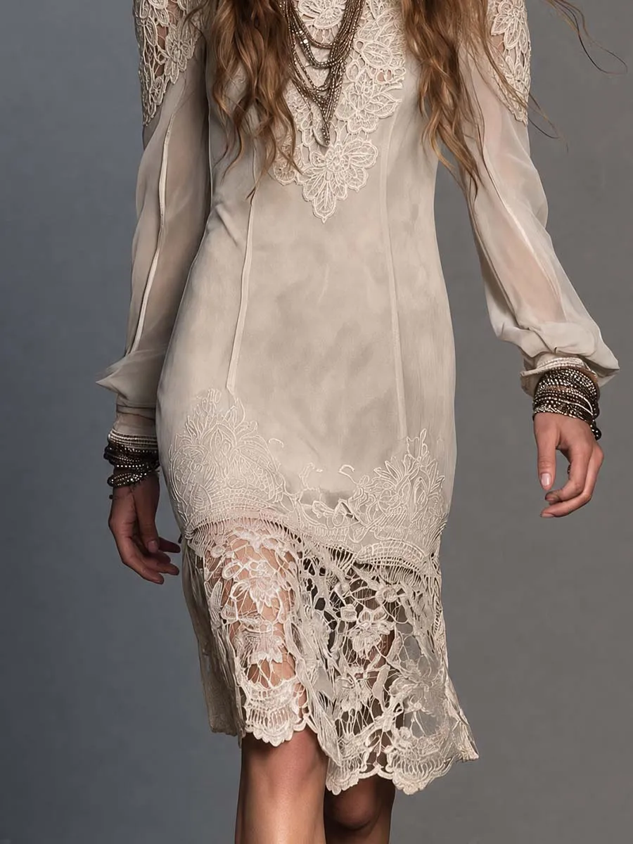 Boho Cream Lace Applique High Neck Sheer Long Sleeve Midi Dress