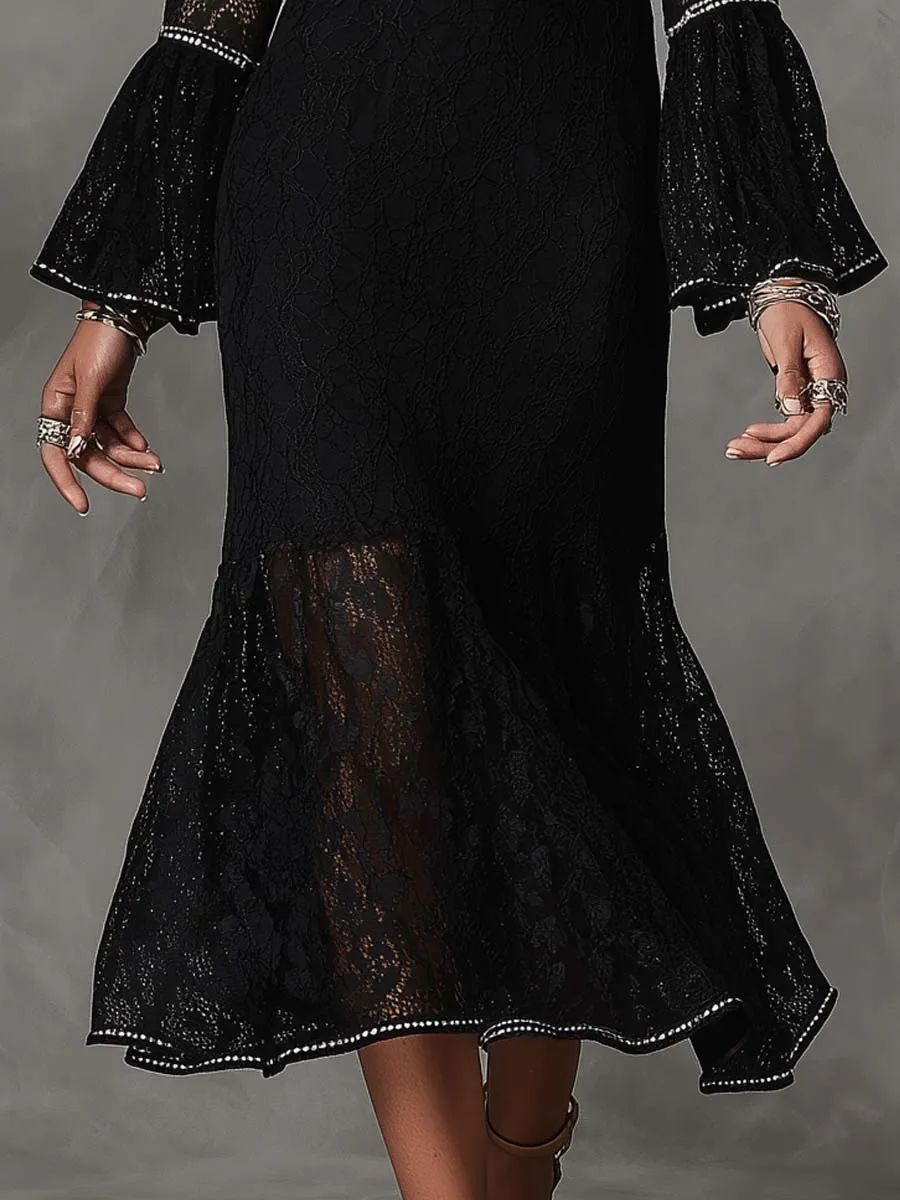 Vintage High Neck Cutout Long Bell Sleeve Silver Rhinestone Piping Black Floral Lace Mermaid Midi Dress