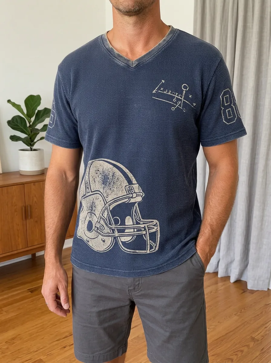 Men's Game Day Football Fan Helmet Playbook Printed Waffle Knit Top