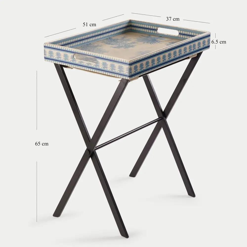 Blue Handled Faux Leather Serving Tray